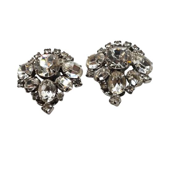 Vintage Bridal Prom Earrings Clip On Cluster Rhinestones Crystal Jewelry - Picture 8 of 9